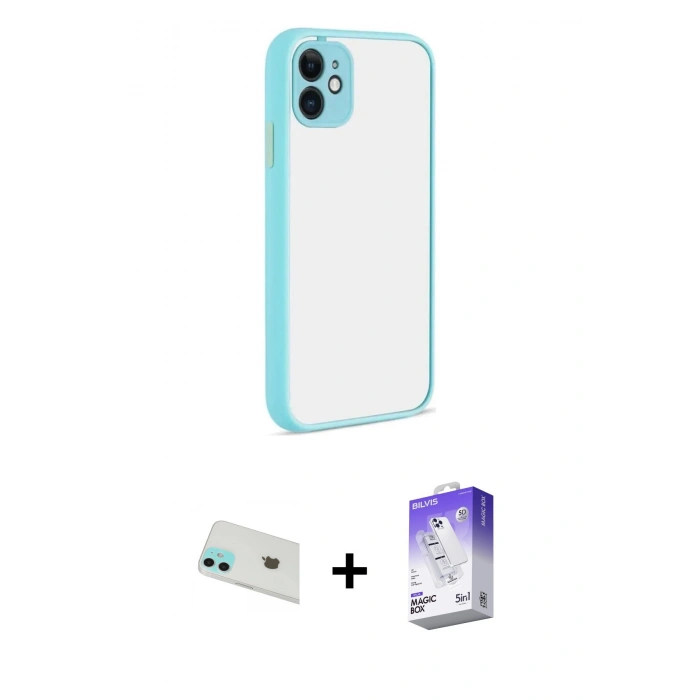 MARSİLYAN™- iPhone 12 Kılıf Ahenk Çizgi Serisi - Siyah Bilvis 5in1 3D Magic Cam Ekran Koruyucu + Rainbow Kamera Lens Koruma Cam - YL