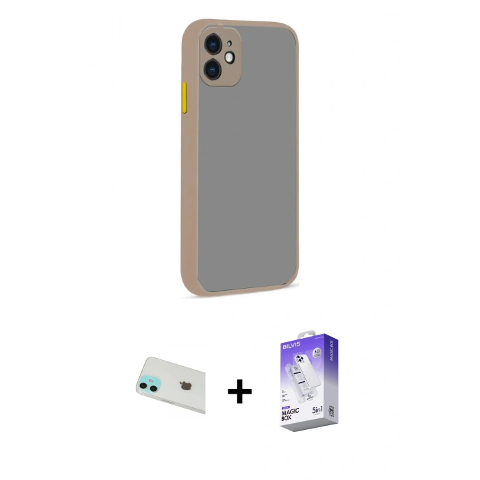 MARSİLYAN™- iPhone 12 Kılıf Ahenk Çizgi Serisi - Siyah Bilvis 5in1 3D Magic Cam Ekran Koruyucu + Rainbow Kamera Lens Koruma Cam - YL
