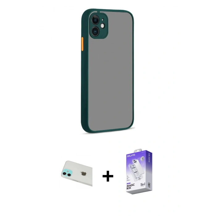 MARSİLYAN™- iPhone 12 Kılıf Ahenk Çizgi Serisi - Siyah Bilvis 5in1 3D Magic Cam Ekran Koruyucu + Rainbow Kamera Lens Koruma Cam - YL