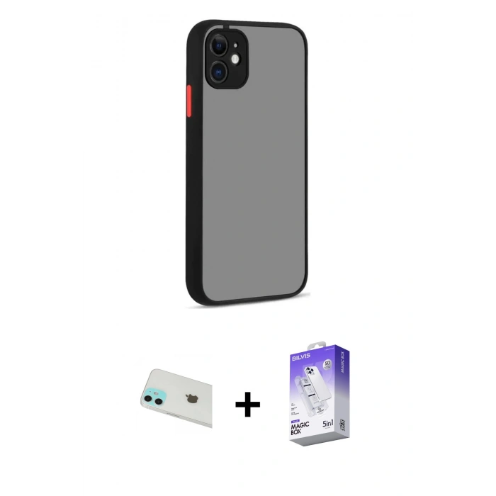 MARSİLYAN™- iPhone 12 Kılıf Ahenk Çizgi Serisi - Siyah Bilvis 5in1 3D Magic Cam Ekran Koruyucu + Rainbow Kamera Lens Koruma Cam - YL