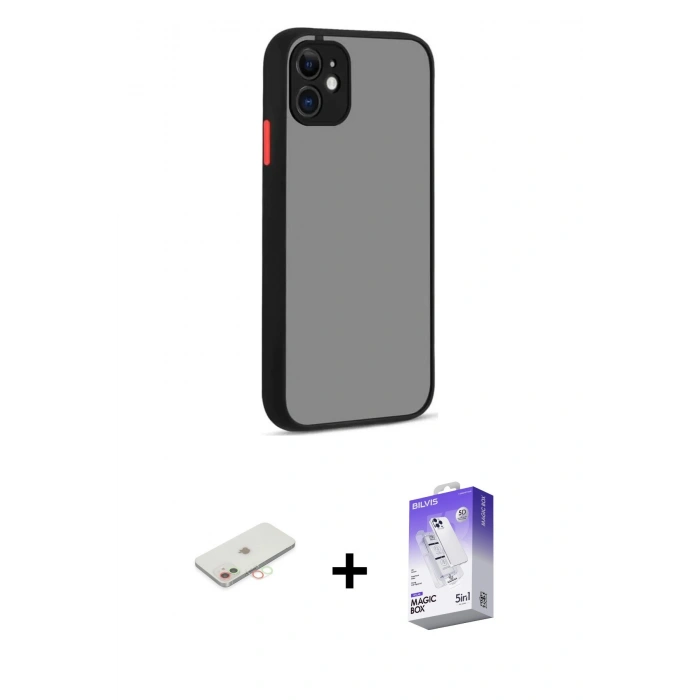 MARSİLYAN™- iPhone 12 Kılıf Ahenk Çizgi Serisi - Siyah Bilvis 5in1 3D Magic Cam Ekran Koruyucu + Renkli Kamera Lens Koruma Cam - YL