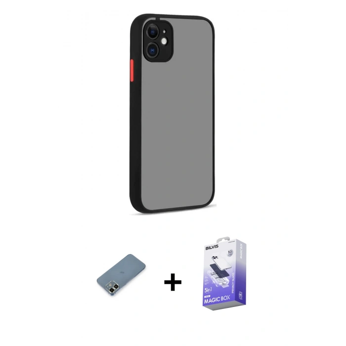 MARSİLYAN™- iPhone 12 Kılıf Ahenk Çizgi Serisi - Siyah Bilvis 5in1 5D Magic Hayalet Cam Ekran Koruyucu + Metal Kamera Lens Koruma Cam - AKYL