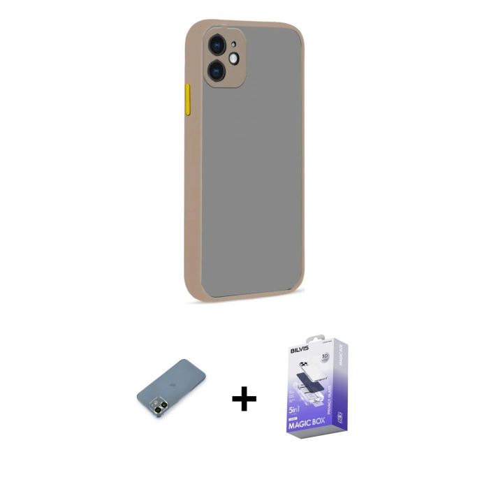 MARSİLYAN™- iPhone 12 Kılıf Ahenk Çizgi Serisi - Siyah Bilvis 5in1 5D Magic Hayalet Cam Ekran Koruyucu + Metal Kamera Lens Koruma Cam - AKYL