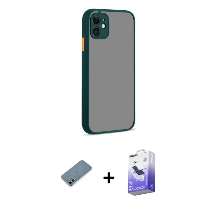 MARSİLYAN™- iPhone 12 Kılıf Ahenk Çizgi Serisi - Siyah Bilvis 5in1 5D Magic Hayalet Cam Ekran Koruyucu + Metal Kamera Lens Koruma Cam - AKYL