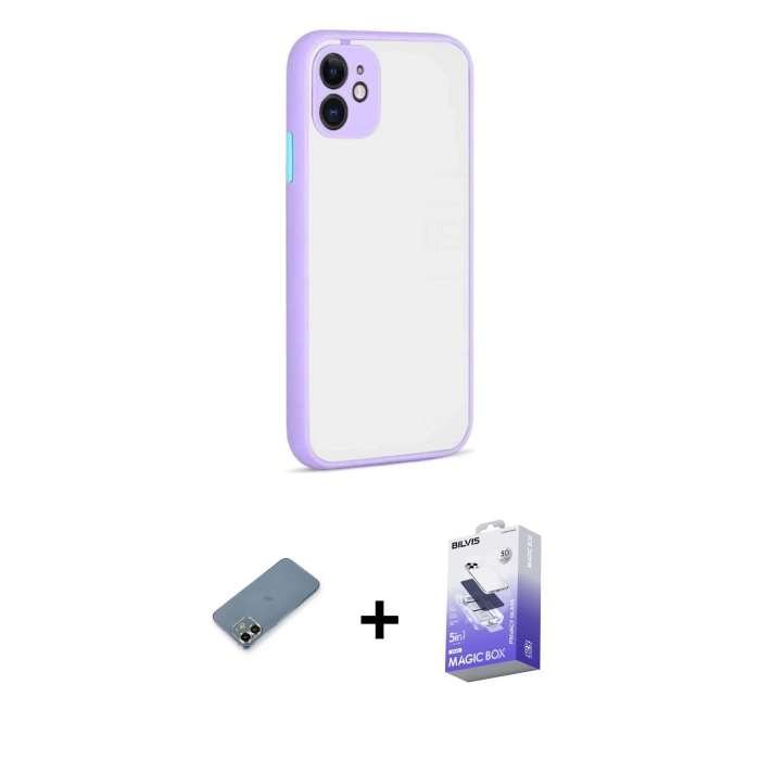 MARSİLYAN™- iPhone 12 Kılıf Ahenk Çizgi Serisi - Siyah Bilvis 5in1 5D Magic Hayalet Cam Ekran Koruyucu + Metal Kamera Lens Koruma Cam - AKYL