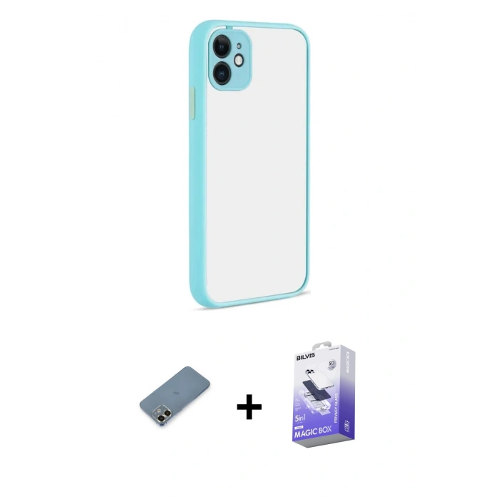 MARSİLYAN™- iPhone 12 Kılıf Ahenk Çizgi Serisi - Siyah Bilvis 5in1 5D Magic Hayalet Cam Ekran Koruyucu + Metal Kamera Lens Koruma Cam - GD