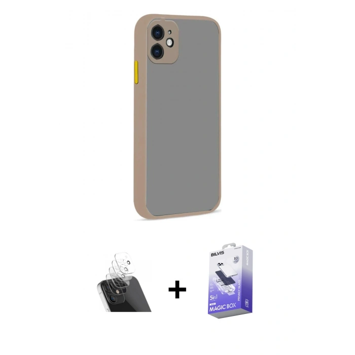 MARSİLYAN™- iPhone 12 Kılıf Ahenk Çizgi Serisi - Siyah Bilvis 5in1 5D Magic Hayalet Cam Ekran Koruyucu + Kamera Lens Koruma Cam - SF