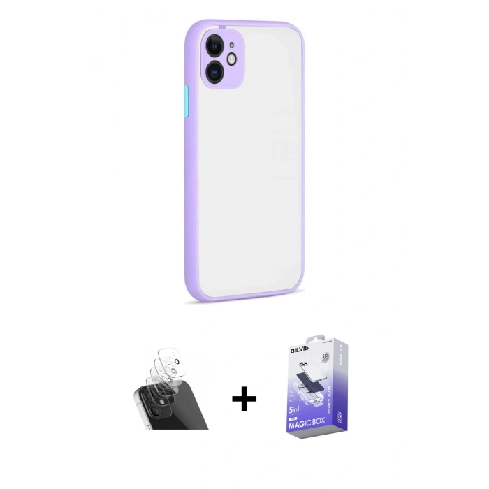 MARSİLYAN™- iPhone 12 Kılıf Ahenk Çizgi Serisi - Siyah Bilvis 5in1 5D Magic Hayalet Cam Ekran Koruyucu + Kamera Lens Koruma Cam - SF
