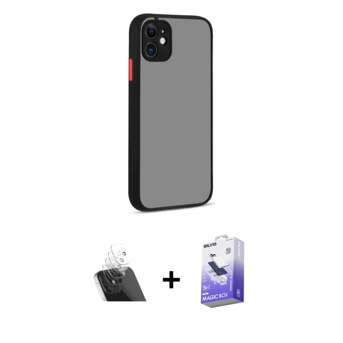 MARSİLYAN™- iPhone 12 Kılıf Ahenk Çizgi Serisi - Siyah Bilvis 5in1 5D Magic Hayalet Cam Ekran Koruyucu + Kamera Lens Koruma Cam - SF