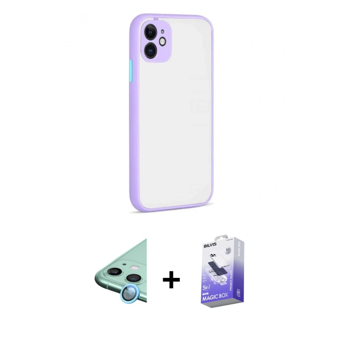 MARSİLYAN™- iPhone 12 Kılıf Ahenk Çizgi Serisi - Siyah Bilvis 5in1 5D Magic Hayalet Cam Ekran Koruyucu + Raze Metal Kamera Lens - MI