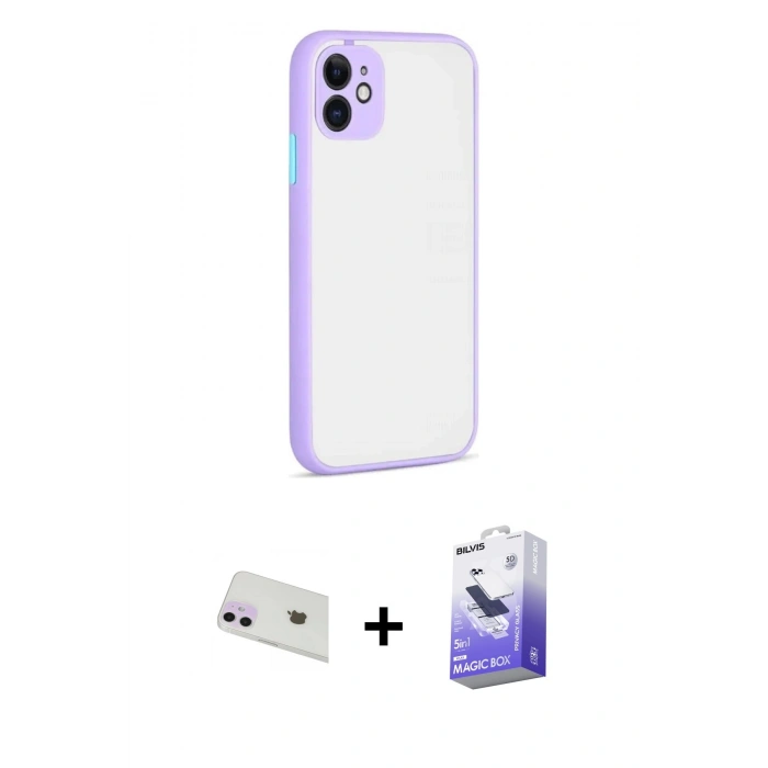 MARSİLYAN™- iPhone 12 Kılıf Ahenk Çizgi Serisi - Siyah Bilvis 5in1 5D Magic Hayalet Cam Ekran Koruyucu + Mor Rainbow Kamera Lens Koruma Cam