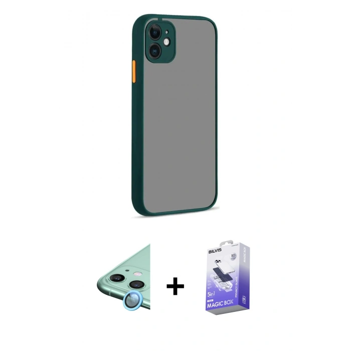 MARSİLYAN™- iPhone 12 Kılıf Ahenk Çizgi Serisi - Siyah Bilvis 5in1 5D Magic Hayalet Cam Ekran Koruyucu + Raze Metal Kamera Lens - MI