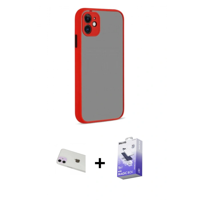 MARSİLYAN™- iPhone 12 Kılıf Ahenk Çizgi Serisi - Siyah Bilvis 5in1 5D Magic Hayalet Cam Ekran Koruyucu + Mor Rainbow Kamera Lens Koruma Cam