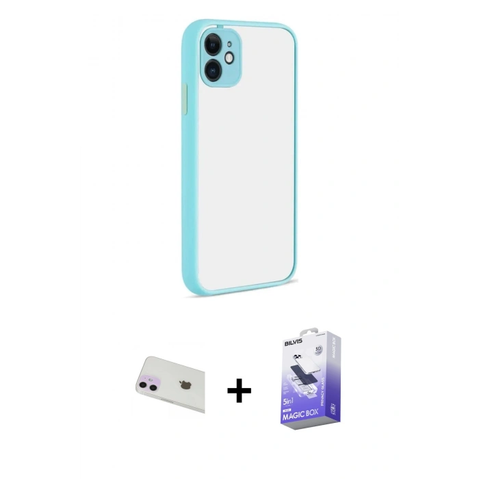 MARSİLYAN™- iPhone 12 Kılıf Ahenk Çizgi Serisi - Siyah Bilvis 5in1 5D Magic Hayalet Cam Ekran Koruyucu + Mor Rainbow Kamera Lens Koruma Cam