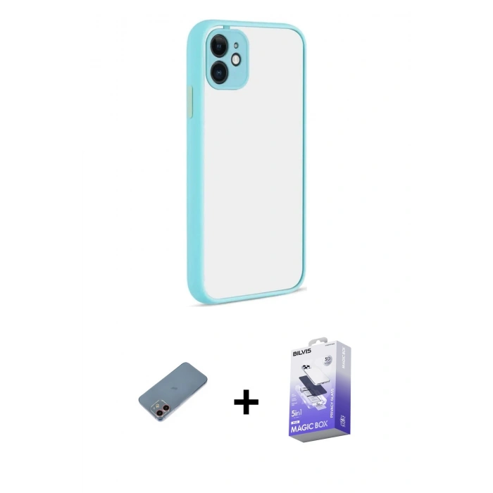 MARSİLYAN™- iPhone 12 Kılıf Ahenk Çizgi Serisi - Siyah Bilvis 5in1 5D Magic Hayalet Cam Ekran Koruyucu + Shine Kamera Lens Koruma Cam - PE
