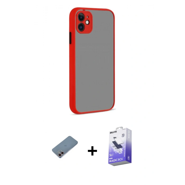 MARSİLYAN™- iPhone 12 Kılıf Ahenk Çizgi Serisi - Siyah Bilvis 5in1 5D Magic Hayalet Cam Ekran Koruyucu + Shine Kamera Lens Koruma Cam - PE