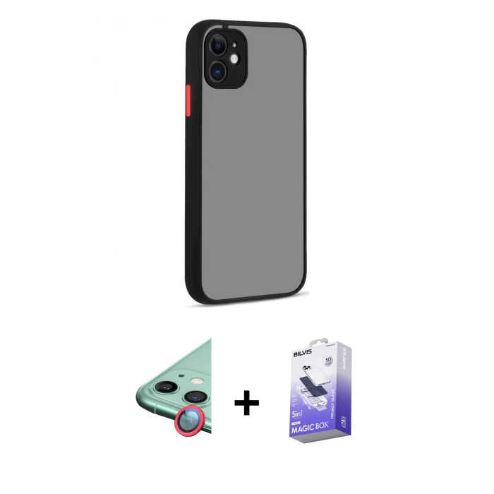 MARSİLYAN™- iPhone 12 Kılıf Ahenk Çizgi Serisi - Siyah Bilvis 5in1 5D Magic Hayalet Cam Ekran Koruyucu + Raze Metal Kamera Lens - KI
