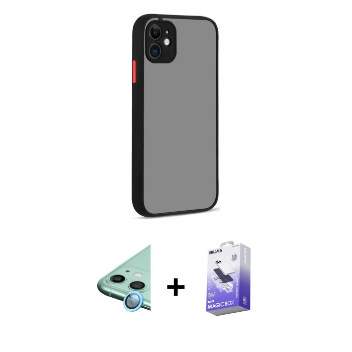 MARSİLYAN™- iPhone 12 Kılıf Ahenk Çizgi Serisi - Siyah Bilvis 5in1 5D Magic Hayalet Cam Ekran Koruyucu + Raze Metal Kamera Lens - MI