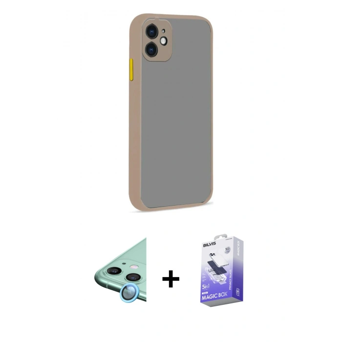 MARSİLYAN™- iPhone 12 Kılıf Ahenk Çizgi Serisi - Siyah Bilvis 5in1 5D Magic Hayalet Cam Ekran Koruyucu + Raze Metal Kamera Lens - MI