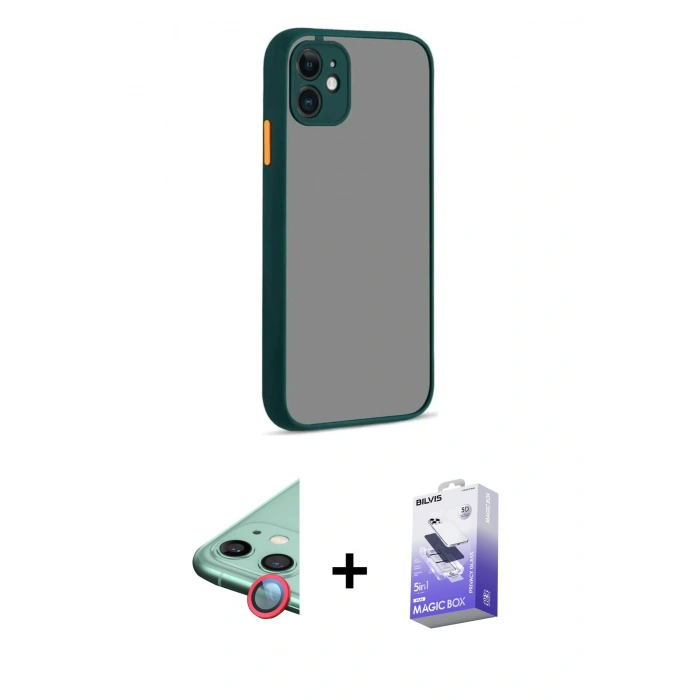 MARSİLYAN™- iPhone 12 Kılıf Ahenk Çizgi Serisi - Siyah Bilvis 5in1 5D Magic Hayalet Cam Ekran Koruyucu + Raze Metal Kamera Lens - KI