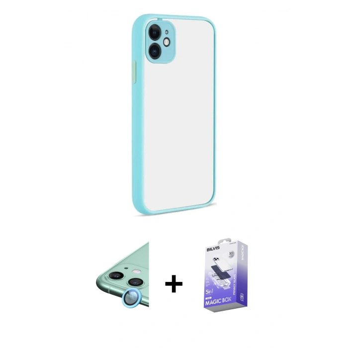 MARSİLYAN™- iPhone 12 Kılıf Ahenk Çizgi Serisi - Siyah Bilvis 5in1 5D Magic Hayalet Cam Ekran Koruyucu + Raze Metal Kamera Lens - MI