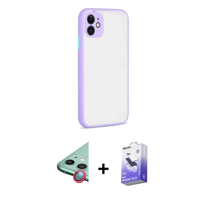 MARSİLYAN™- iPhone 12 Kılıf Ahenk Çizgi Serisi - Siyah Bilvis 5in1 5D Magic Hayalet Cam Ekran Koruyucu + Raze Metal Kamera Lens - KI
