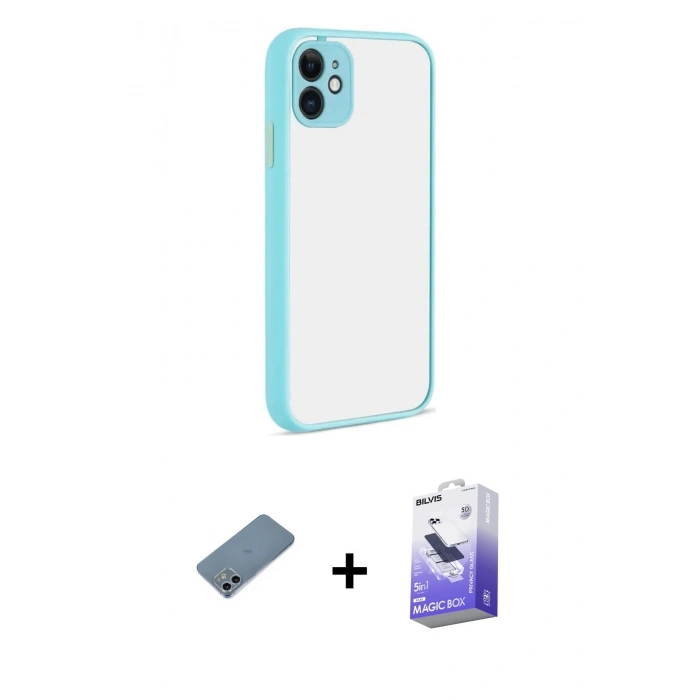 MARSİLYAN™- iPhone 12 Kılıf Ahenk Çizgi Serisi - Siyah Bilvis 5in1 5D Magic Hayalet Cam Ekran Koruyucu + Sierra Blue Shine Kamera Lens Koruma Cam