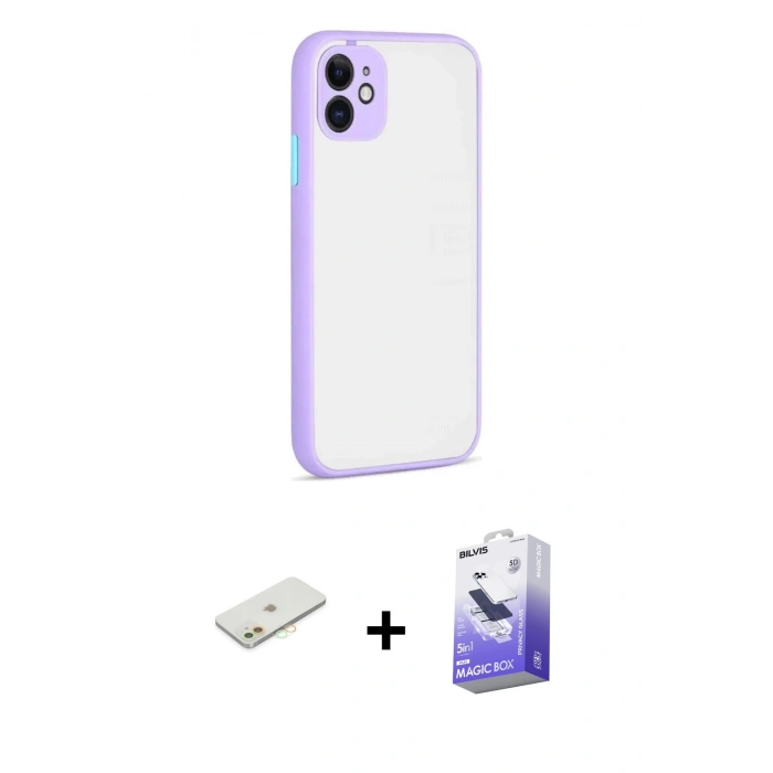 MARSİLYAN™- iPhone 12 Kılıf Ahenk Çizgi Serisi - Siyah Bilvis 5in1 5D Magic Hayalet Cam Ekran Koruyucu + Renkli Kamera Lens Koruma Cam - TU