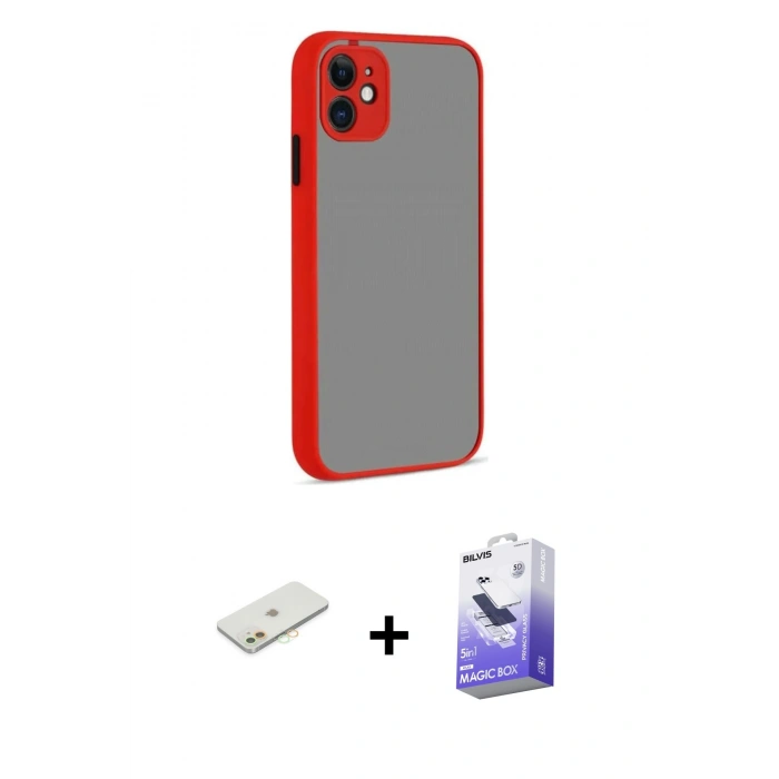 MARSİLYAN™- iPhone 12 Kılıf Ahenk Çizgi Serisi - Siyah Bilvis 5in1 5D Magic Hayalet Cam Ekran Koruyucu + Renkli Kamera Lens Koruma Cam - TU
