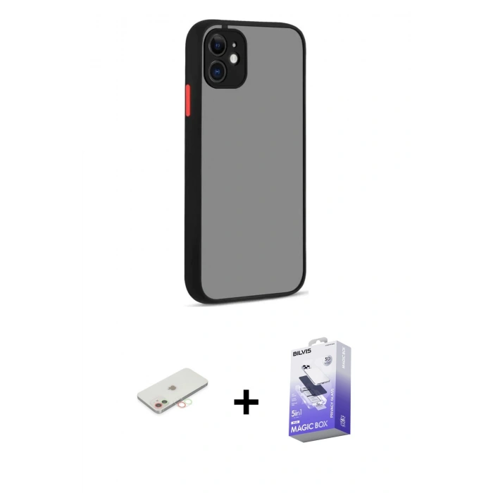 MARSİLYAN™- iPhone 12 Kılıf Ahenk Çizgi Serisi - Siyah Bilvis 5in1 5D Magic Hayalet Cam Ekran Koruyucu + Renkli Kamera Lens Koruma Cam - YL