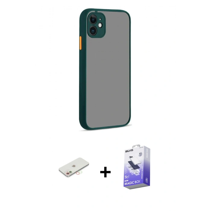 MARSİLYAN™- iPhone 12 Kılıf Ahenk Çizgi Serisi - Siyah Bilvis 5in1 5D Magic Hayalet Cam Ekran Koruyucu + Renkli Kamera Lens Koruma Cam - YL