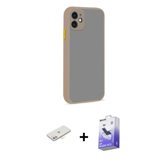MARSİLYAN™- iPhone 12 Kılıf Ahenk Çizgi Serisi - Siyah Bilvis 5in1 5D Magic Hayalet Cam Ekran Koruyucu + Renkli Kamera Lens Koruma Cam - YL
