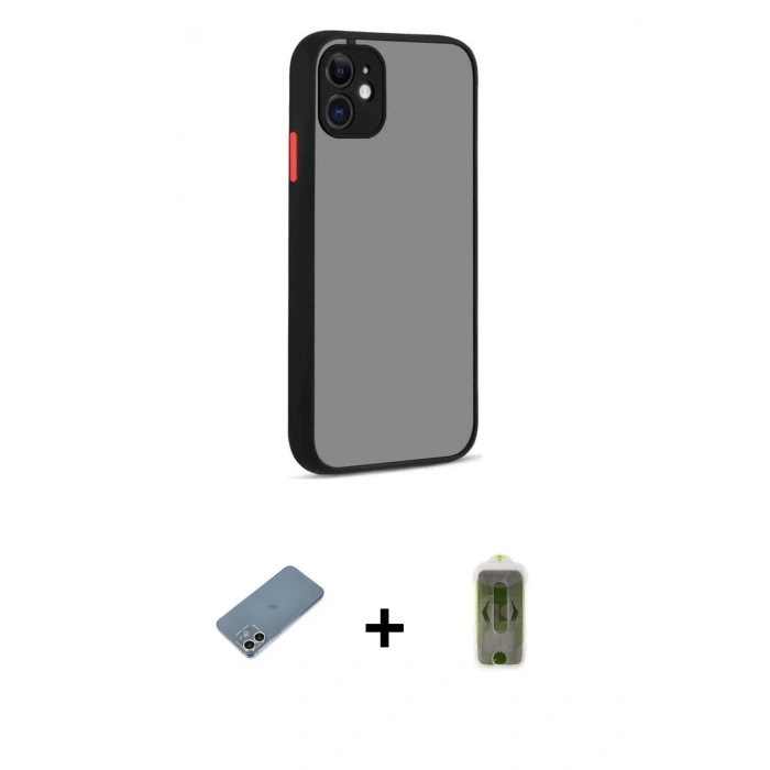 MARSİLYAN™- iPhone 12 Kılıf Ahenk Çizgi Serisi - Siyah Joko Magic 5D Hayalet Cam + Shine Kamera Lens Koruma Cam - GS