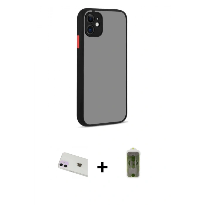 MARSİLYAN™- iPhone 12 Kılıf Ahenk Çizgi Serisi - Siyah Joko Magic 5D Hayalet Cam + Rainbow Kamera Lens Koruma Cam - MR