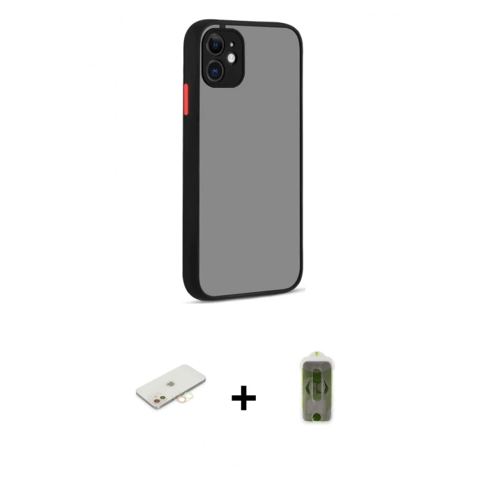 MARSİLYAN™- iPhone 12 Kılıf Ahenk Çizgi Serisi - Siyah Joko Magic 5D Hayalet Cam + Renkli Kamera Lens Koruma Cam - SI