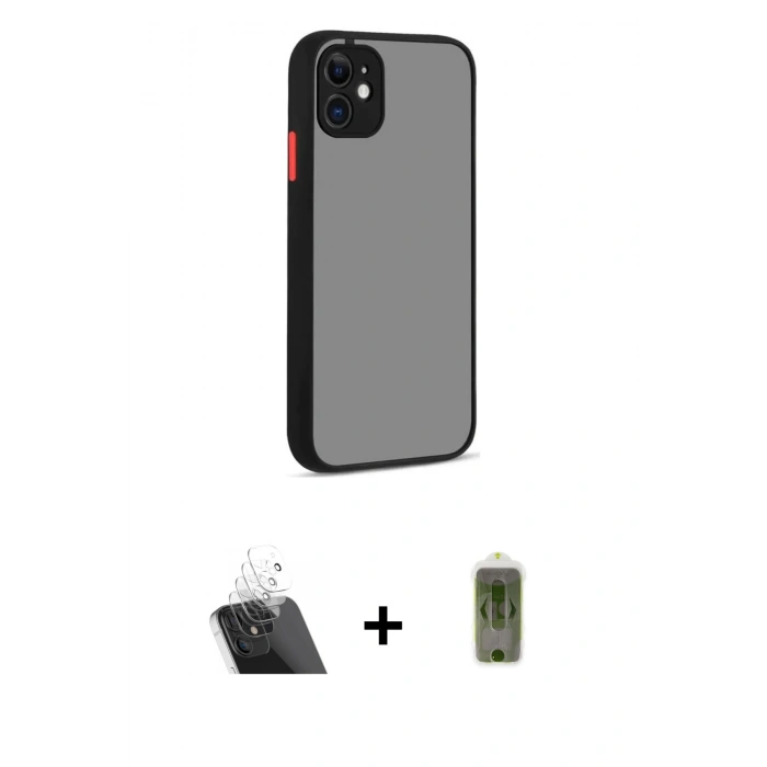 MARSİLYAN™- iPhone 12 Kılıf Ahenk Çizgi Serisi - Siyah Joko Magic 5D Hayalet Cam + Kamera Lens Koruma Cam - SF