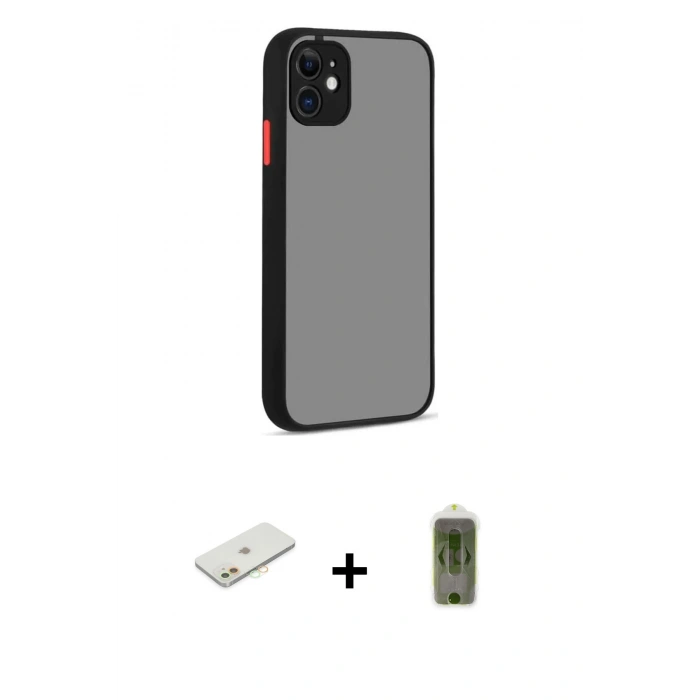 MARSİLYAN™- iPhone 12 Kılıf Ahenk Çizgi Serisi - Siyah Joko Magic 5D Hayalet Cam + Renkli Kamera Lens Koruma Cam - TU