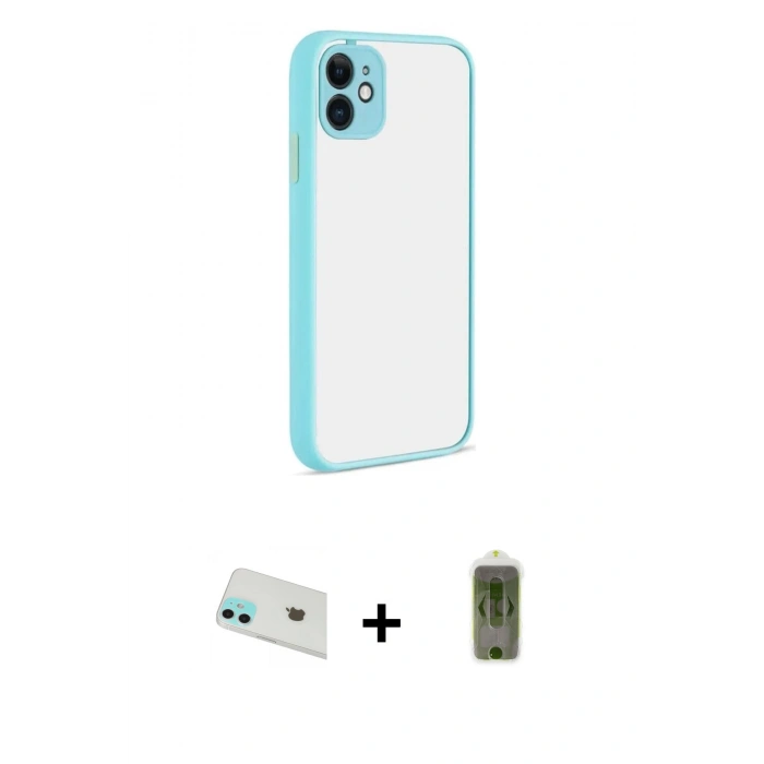 MARSİLYAN™- iPhone 12 Kılıf Ahenk Çizgi Serisi - Siyah Joko Magic 5D Hayalet Cam + Yeşil Rainbow Kamera Lens Koruma Cam