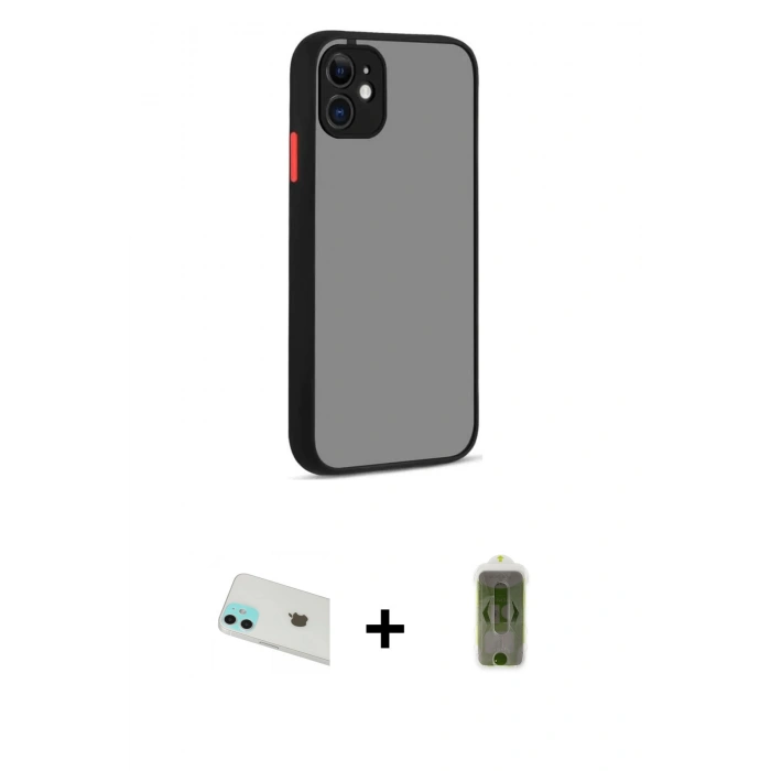 MARSİLYAN™- iPhone 12 Kılıf Ahenk Çizgi Serisi - Siyah Joko Magic 5D Hayalet Cam + Yeşil Rainbow Kamera Lens Koruma Cam