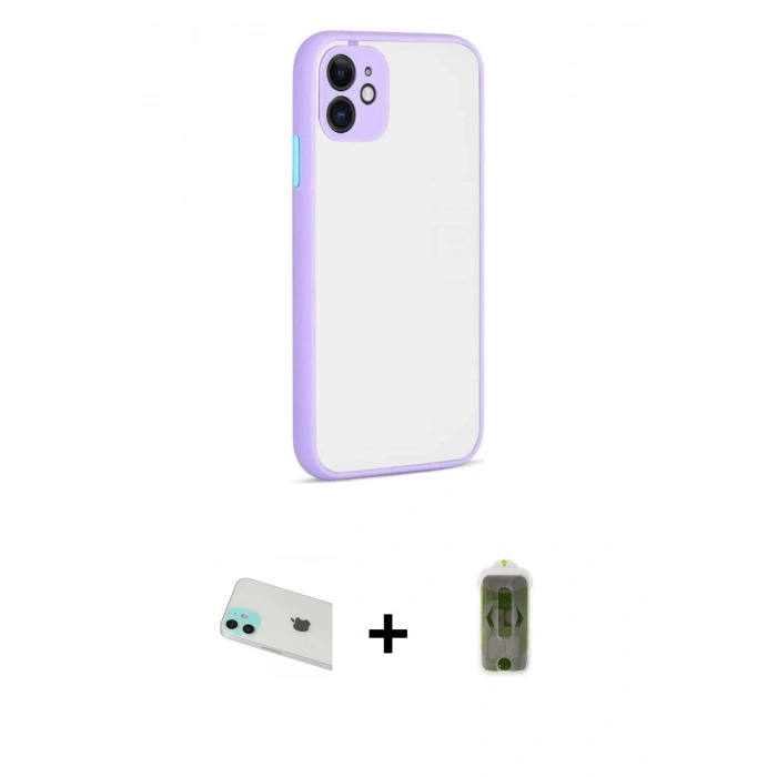 MARSİLYAN™- iPhone 12 Kılıf Ahenk Çizgi Serisi - Siyah Joko Magic 5D Hayalet Cam + Yeşil Rainbow Kamera Lens Koruma Cam
