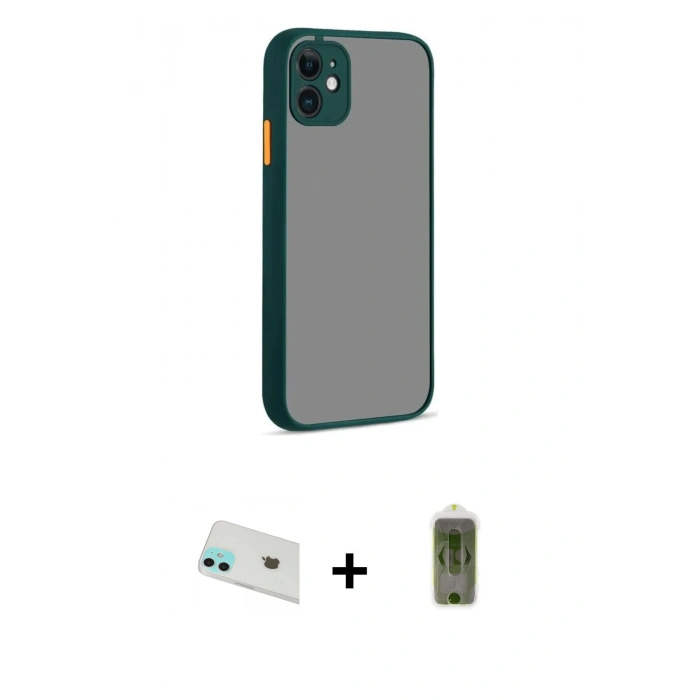 MARSİLYAN™- iPhone 12 Kılıf Ahenk Çizgi Serisi - Siyah Joko Magic 5D Hayalet Cam + Yeşil Rainbow Kamera Lens Koruma Cam