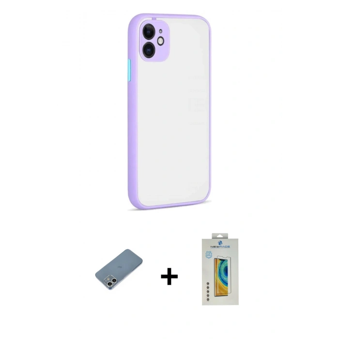 MARSİLYAN™- iPhone 12 Kılıf Ahenk Çizgi Serisi - Siyah Polymer Nano Ekran Koruyucu + Shine Kamera Lens Koruma Cam - GS