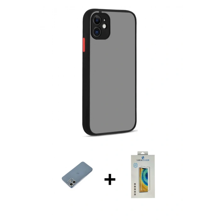 MARSİLYAN™- iPhone 12 Kılıf Ahenk Çizgi Serisi - Siyah Polymer Nano Ekran Koruyucu + Shine Kamera Lens Koruma Cam - GS
