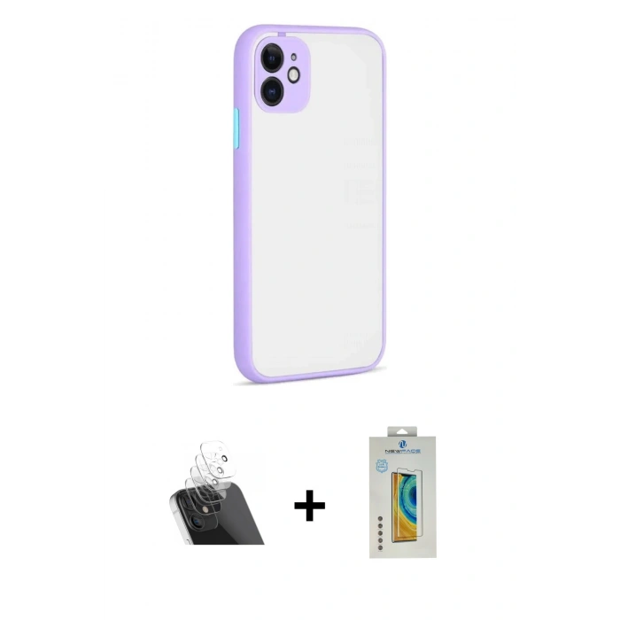 MARSİLYAN™- iPhone 12 Kılıf Ahenk Çizgi Serisi - Siyah Polymer Nano Ekran Koruyucu + Kamera Lens Koruma Cam - SF