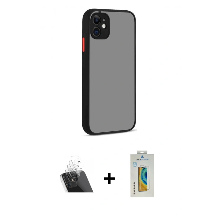 MARSİLYAN™- iPhone 12 Kılıf Ahenk Çizgi Serisi - Siyah Polymer Nano Ekran Koruyucu + Kamera Lens Koruma Cam - SF