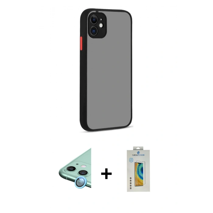 MARSİLYAN™- iPhone 12 Kılıf Ahenk Çizgi Serisi - Siyah Polymer Nano Ekran Koruyucu + Raze Metal Kamera Lens - MI