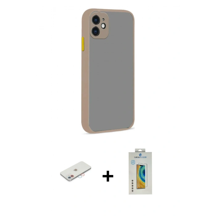 MARSİLYAN™- iPhone 12 Kılıf Ahenk Çizgi Serisi - Siyah Polymer Nano Ekran Koruyucu + Renkli Kamera Lens Koruma Cam - PE