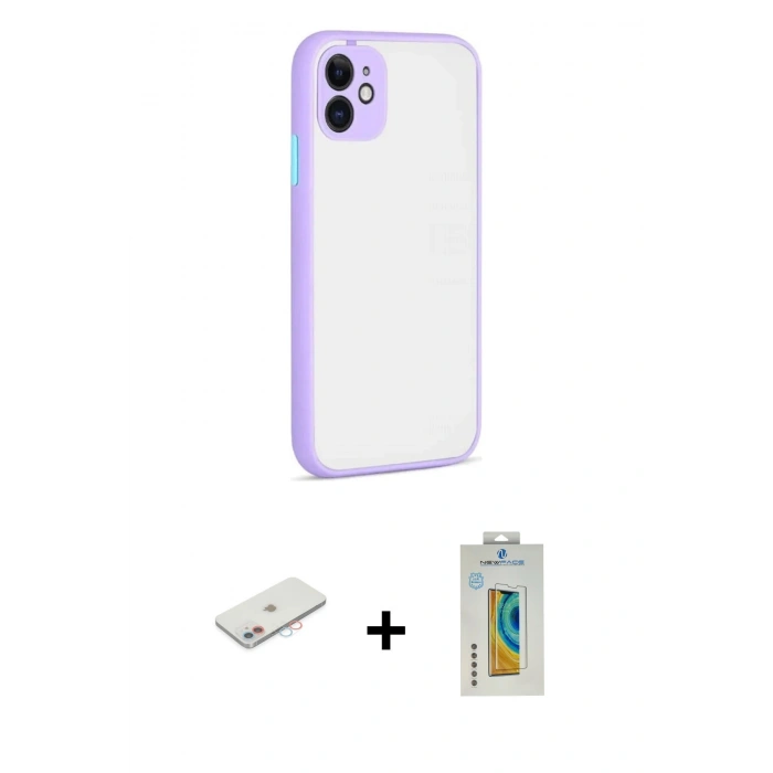MARSİLYAN™- iPhone 12 Kılıf Ahenk Çizgi Serisi - Siyah Polymer Nano Ekran Koruyucu + Renkli Kamera Lens Koruma Cam - PE