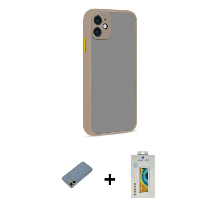 MARSİLYAN™- iPhone 12 Kılıf Ahenk Çizgi Serisi - Siyah Polymer Nano Ekran Koruyucu + Shine Kamera Lens Koruma Cam - GD