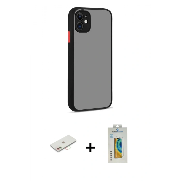 MARSİLYAN™- iPhone 12 Kılıf Ahenk Çizgi Serisi - Siyah Polymer Nano Ekran Koruyucu + Renkli Kamera Lens Koruma Cam - YL